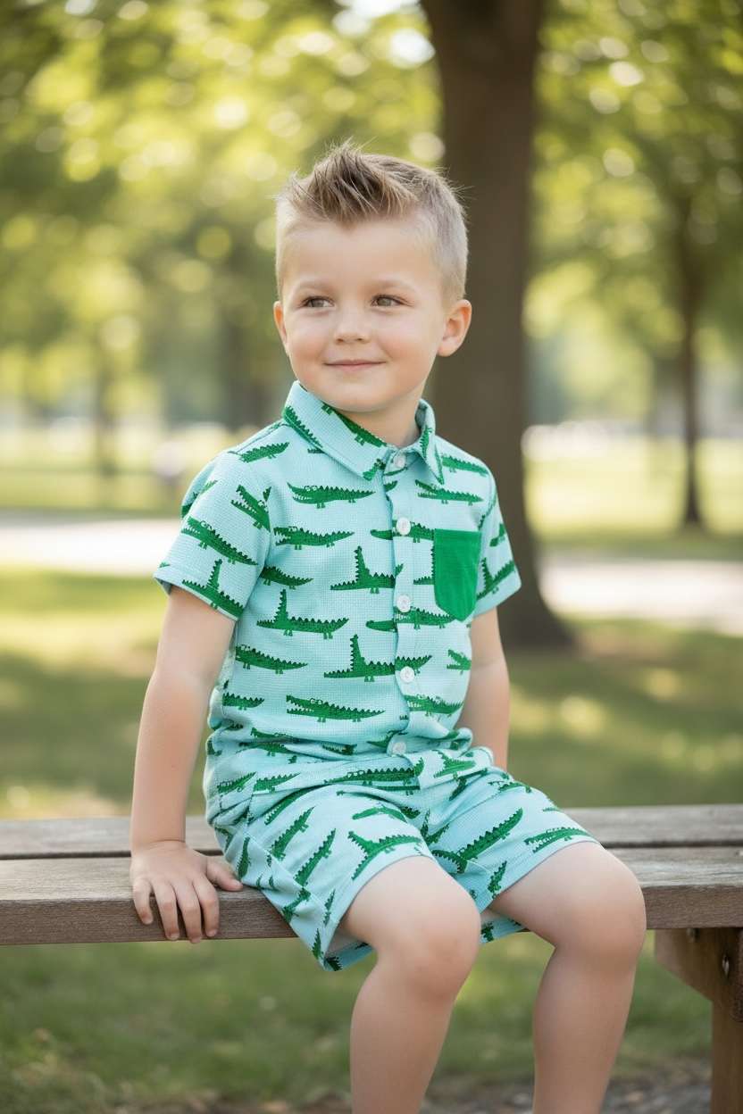 Cute crocodile printed on blue button up shirt and matching shorts.