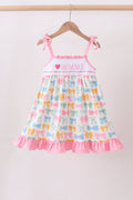 Pink bow I love MOMMY smocked ruffle dress