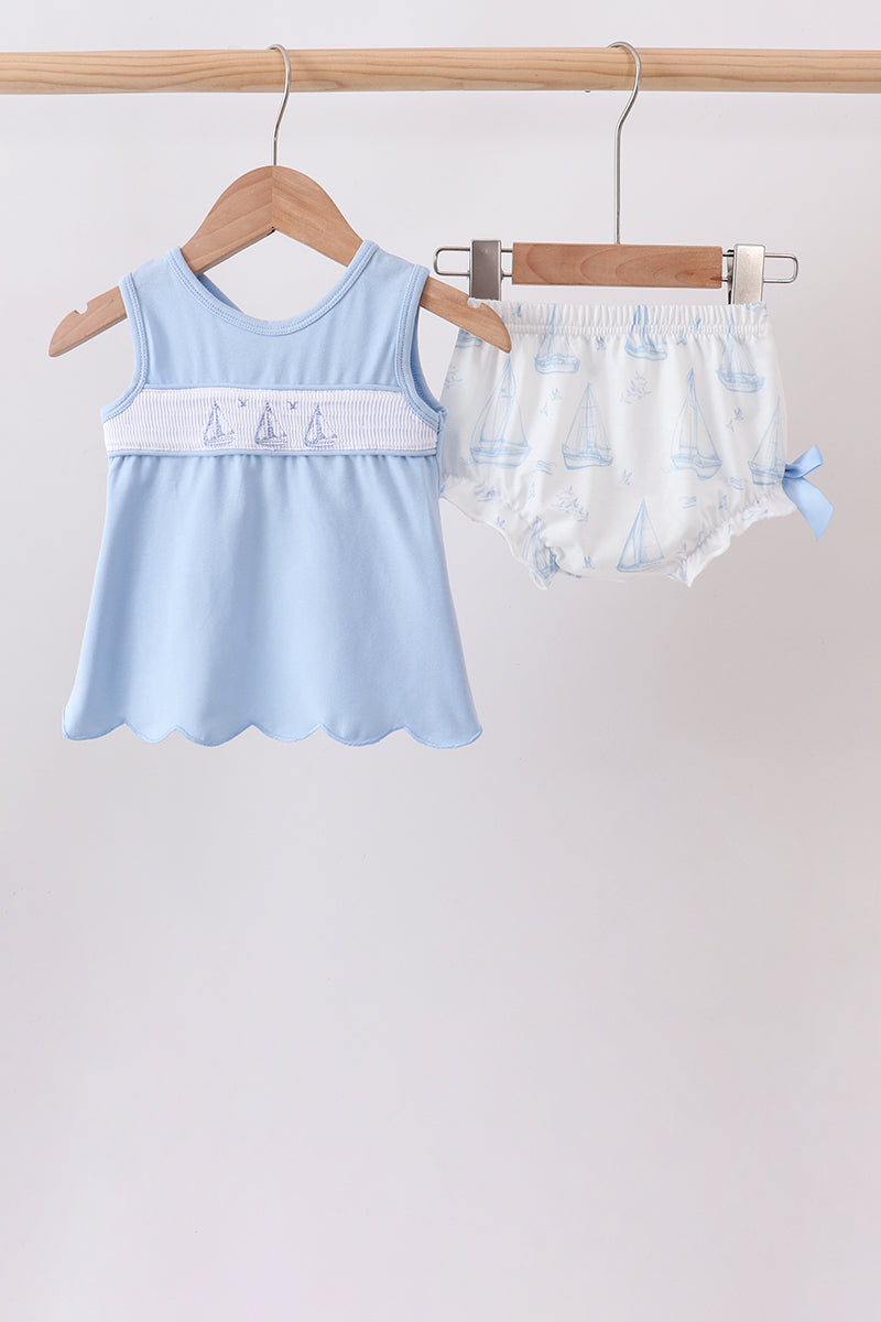 Blue Sailboat Smocked Scalloped Bloomer Set