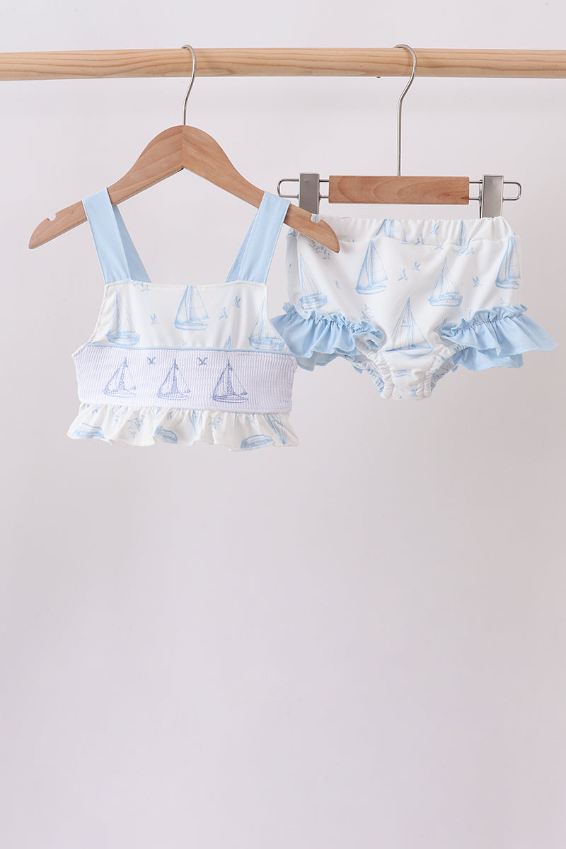 Blue Sailboat Smocked 2PC Swimsuit