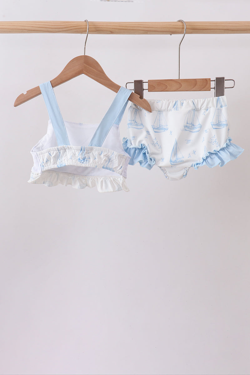 Blue Sailboat Smocked 2PC Swimsuit