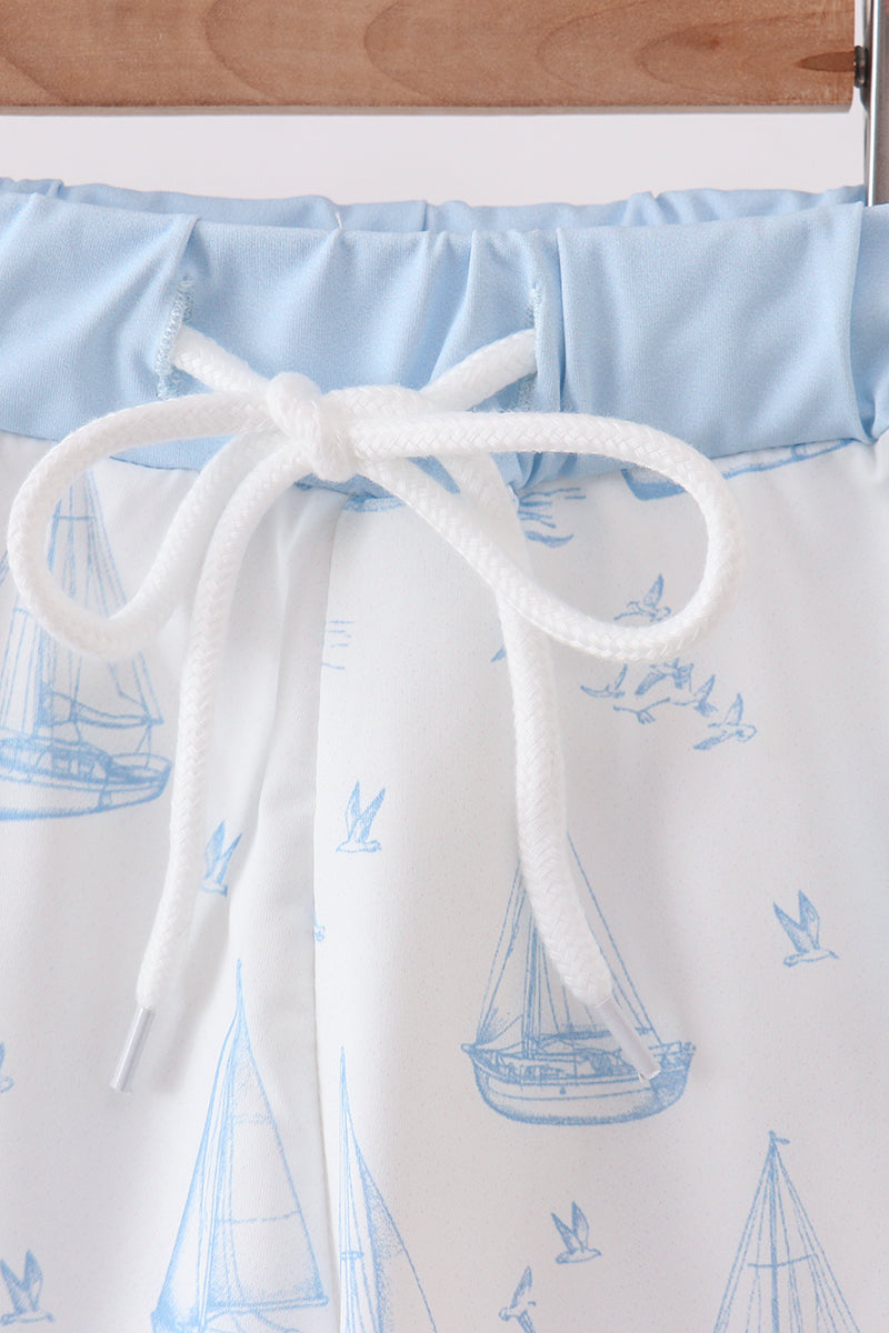 Blue Sailboat Embroidered Swim Trunks