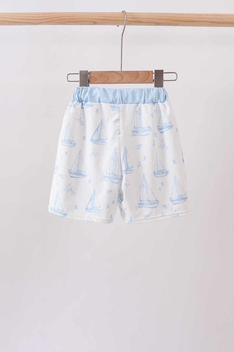 Blue Sailboat Embroidered Swim Trunks