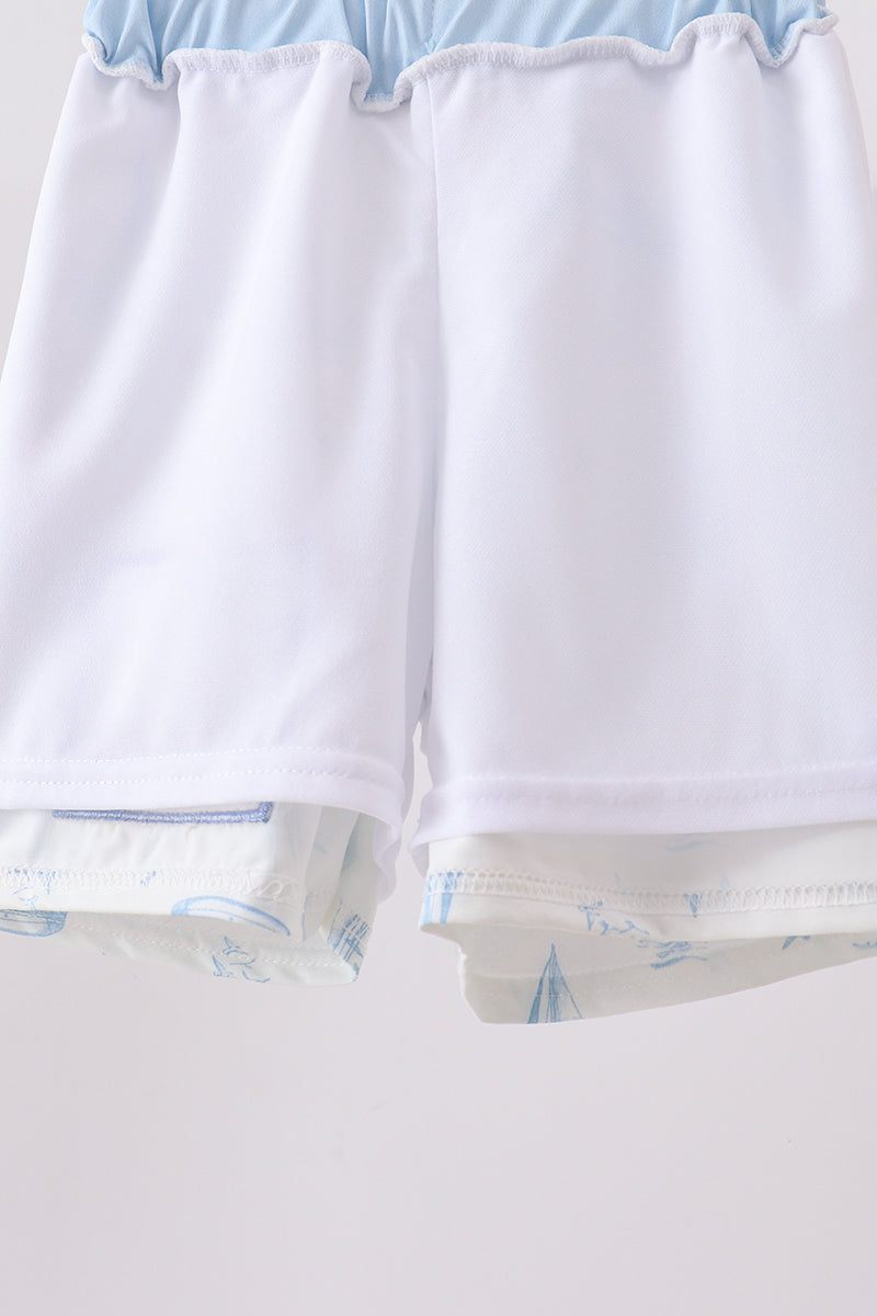 Blue Sailboat Embroidered Swim Trunks