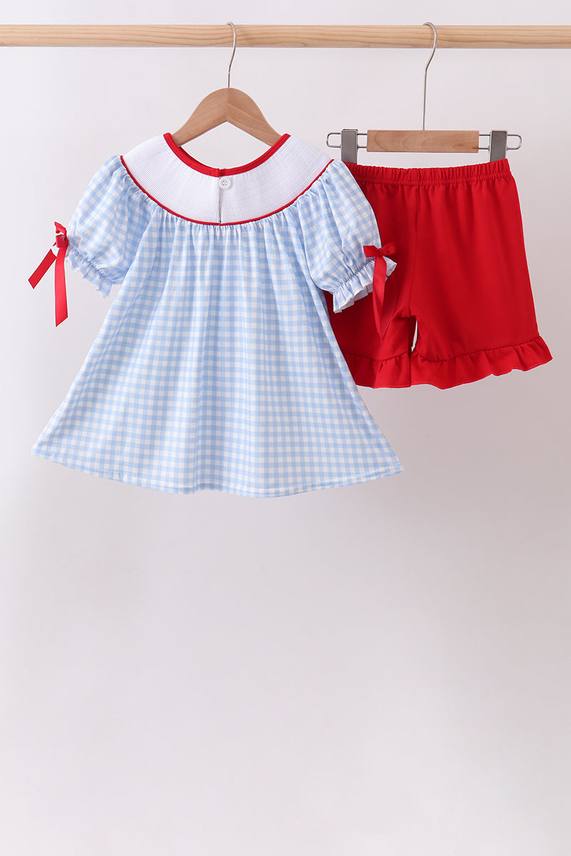 Blue School Bus Smocked Gingham Ruffle Shorts Set