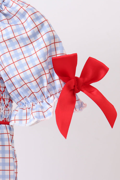 Blue Apple Smocked Plaid Bubble