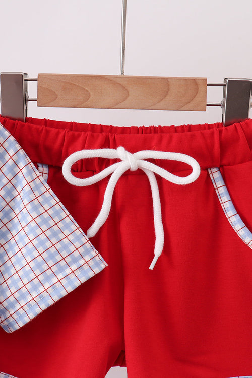 Blue Apple Embroidered Plaid Shorts Set