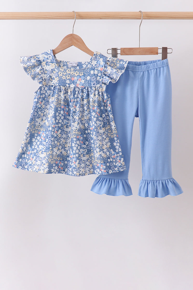 Blue Floral Print Ruffle Pants Set
