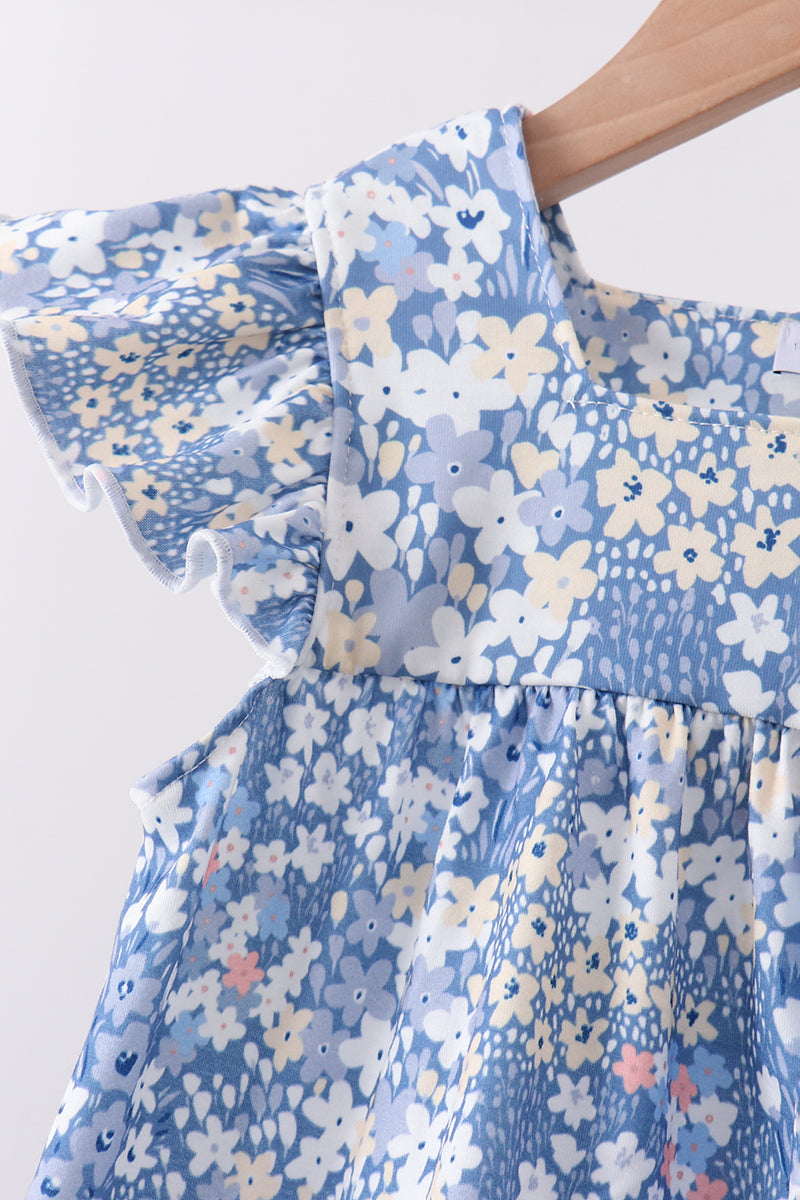 Blue Floral Print Ruffle Pants Set