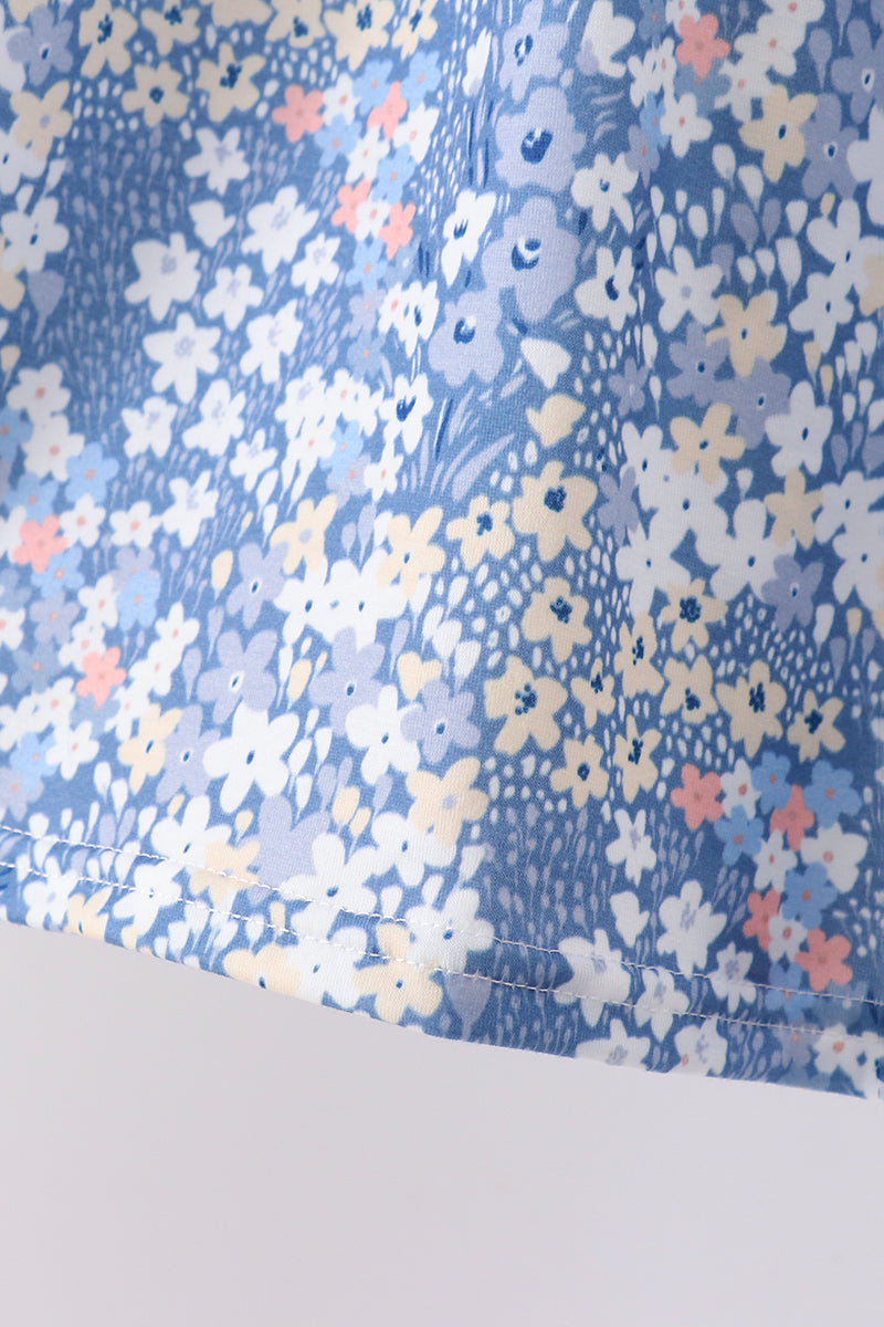 Blue Floral Print Ruffle Pants Set