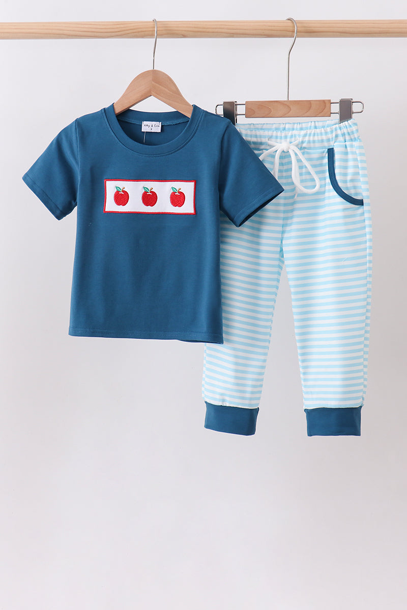 Teal Apple Embroidered Stripe Pants Set