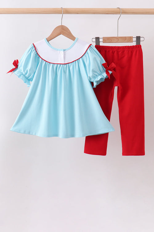 Blue Apple Embroidered Pants Set