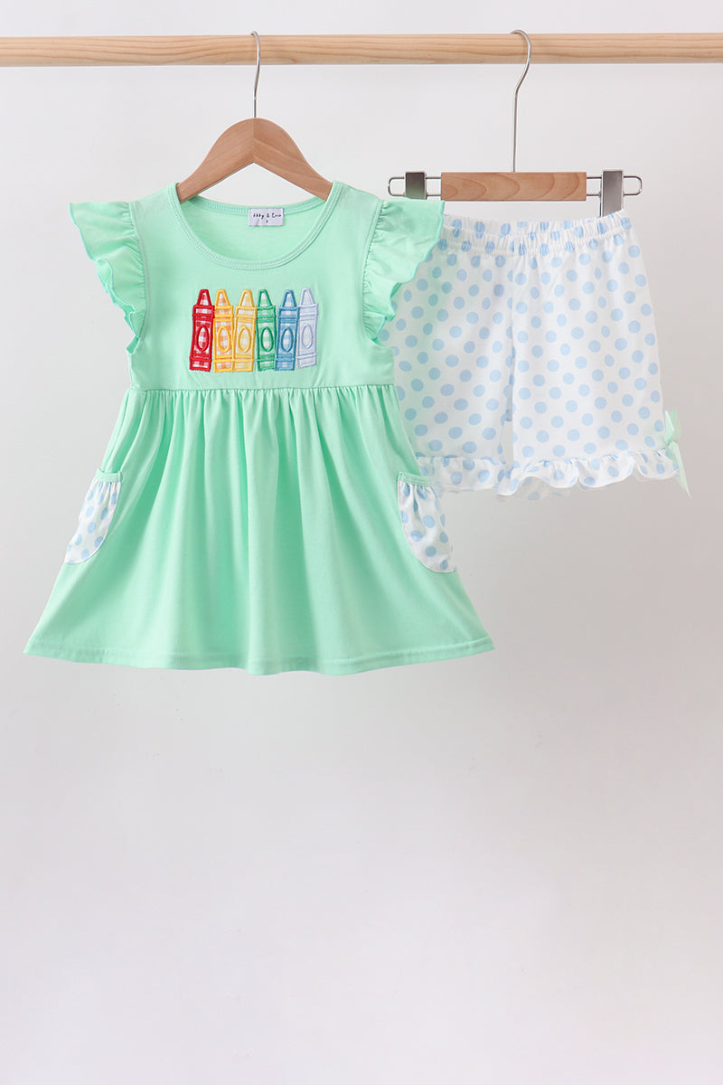 Mint Crayon Applique Ruffle Shorts Set