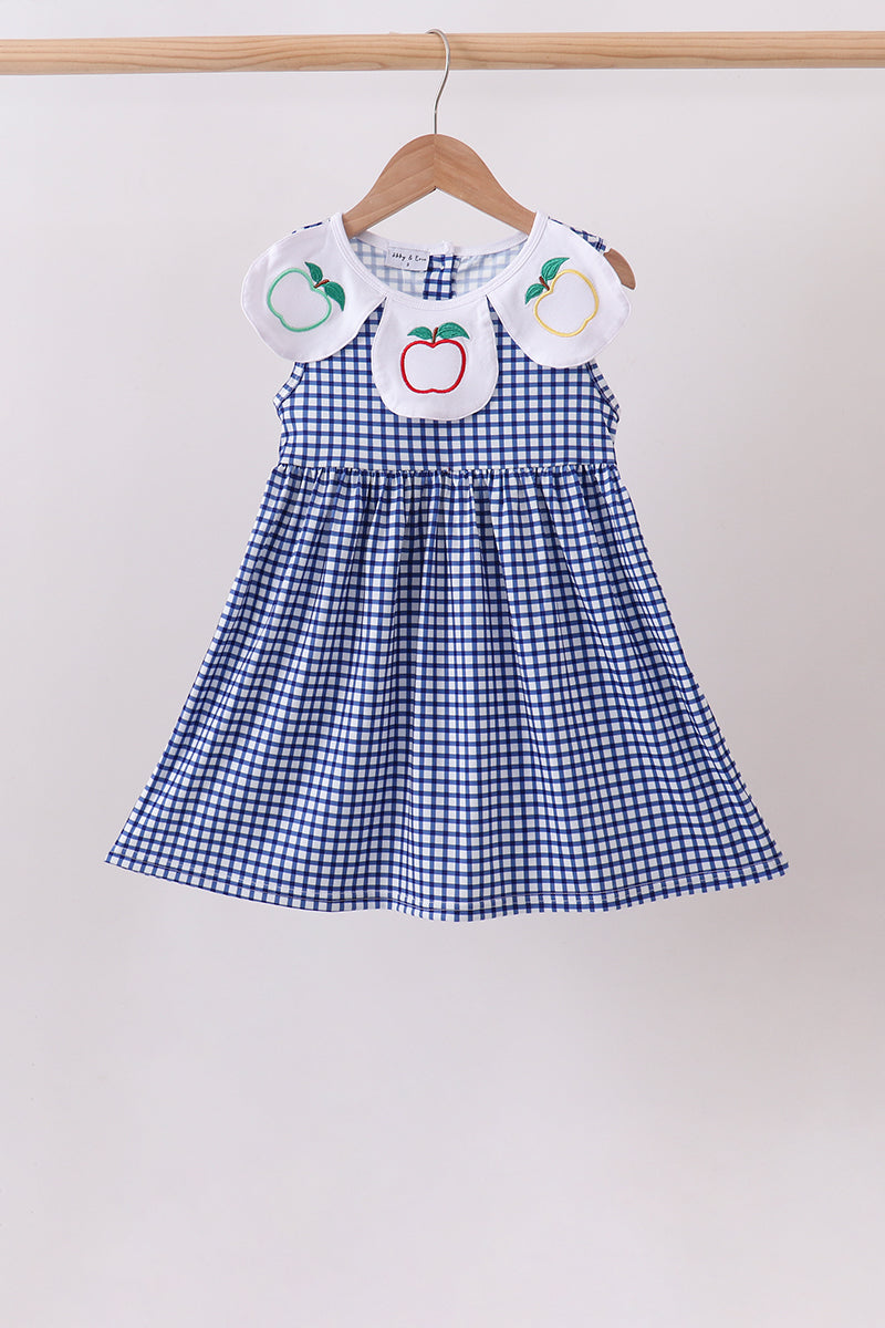 Navy Apple Embroidered Gingham Dress