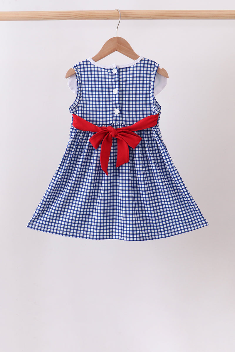 Navy Apple Embroidered Gingham Dress