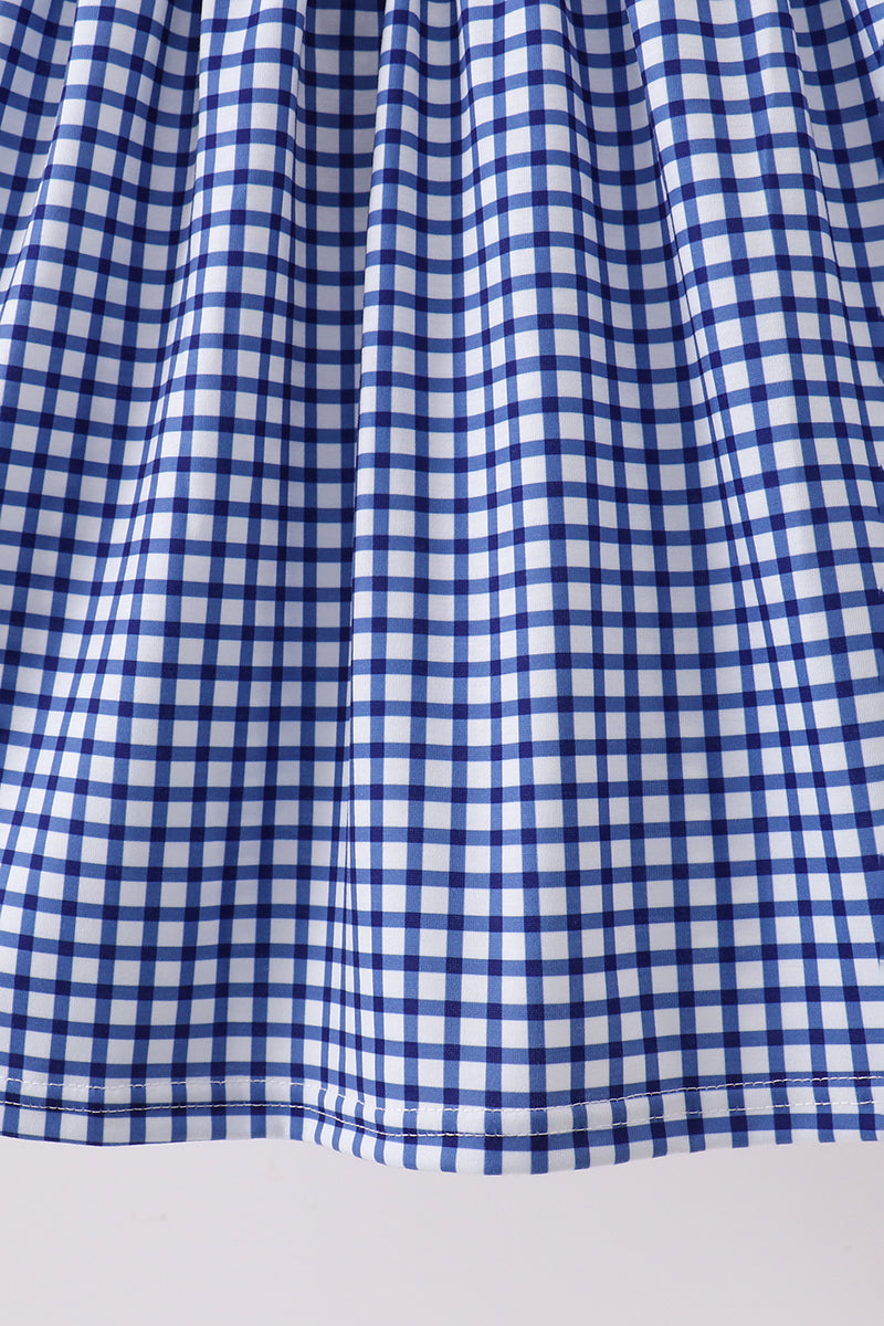 Navy Apple Embroidered Gingham Dress