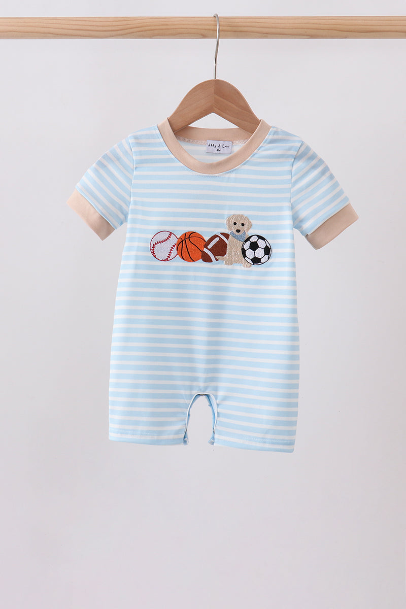 Blue Puppy Ball Embroidered Stripe Romper