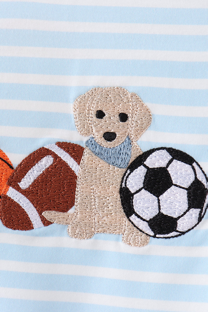 Blue Puppy Ball Embroidered Stripe Romper