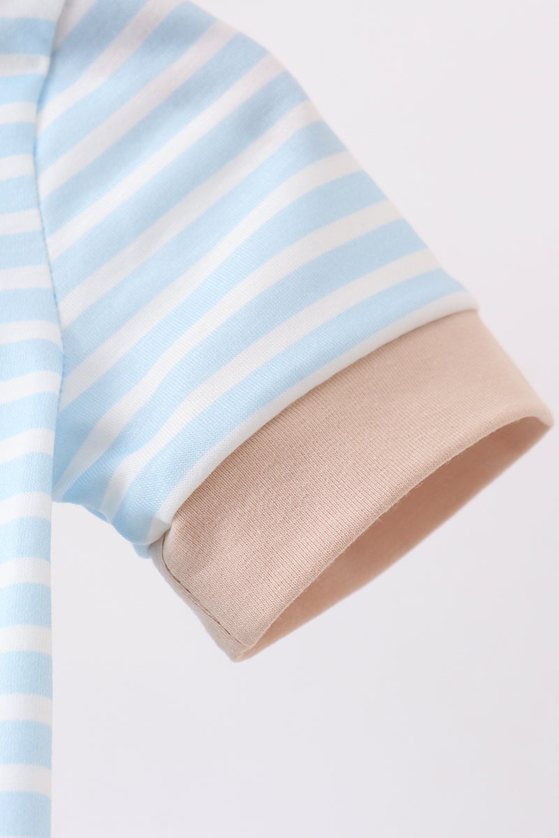 Blue Puppy Ball Embroidered Stripe Romper