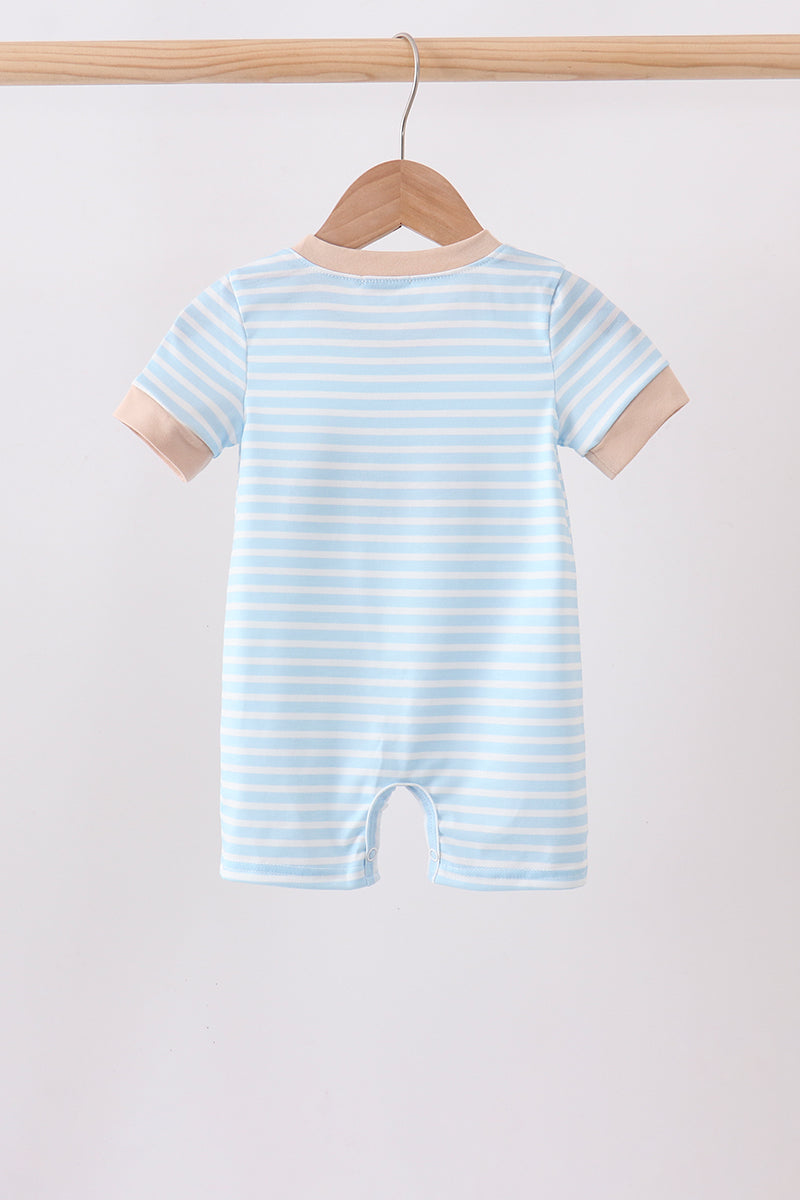 Blue Puppy Ball Embroidered Stripe Romper