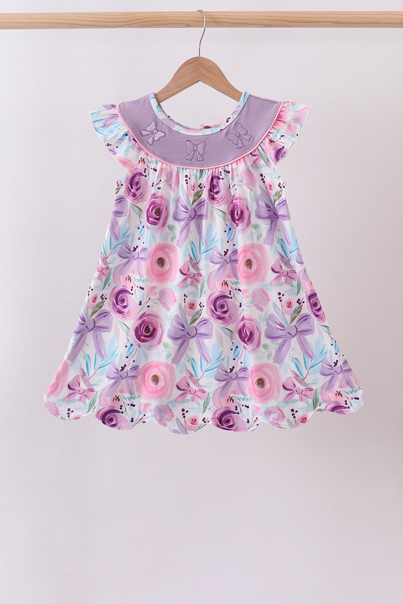 Purple Bow Embroidered Floral Scalloped Dress