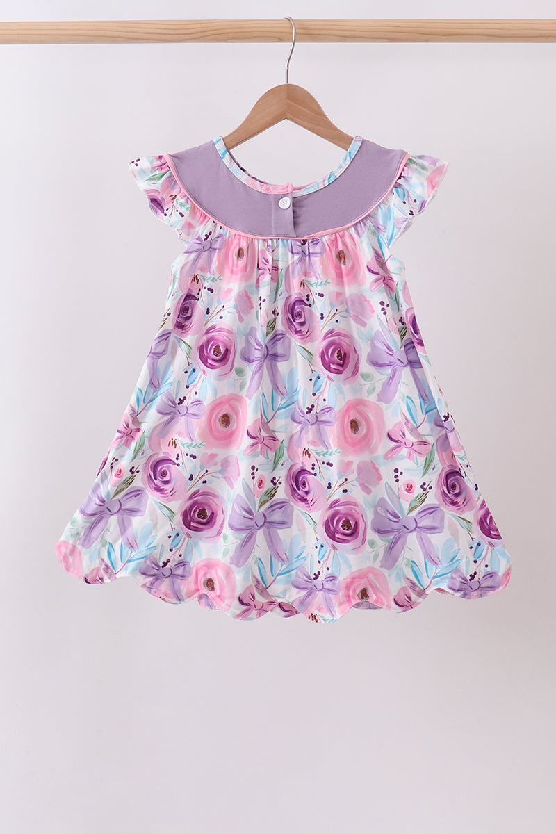 Purple Bow Embroidered Floral Scalloped Dress