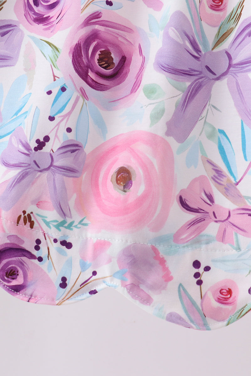Purple Bow Embroidered Floral Scalloped Dress