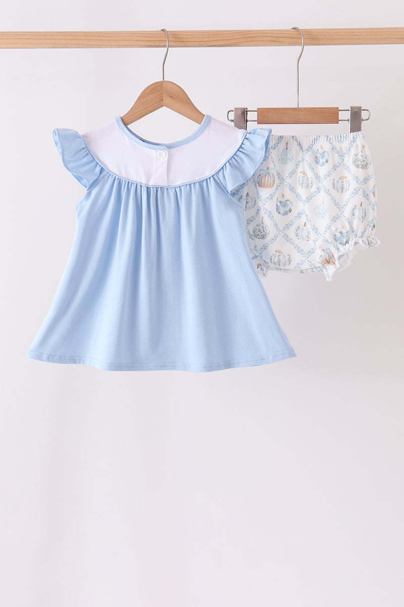 Blue pumpkin embroidery ruffle bloomer set
