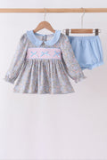 Blue Floral Bow Smocked Bloomer Set