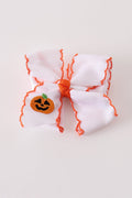 Orange Jack-O-Lantern embroidery crochet edge hair bow