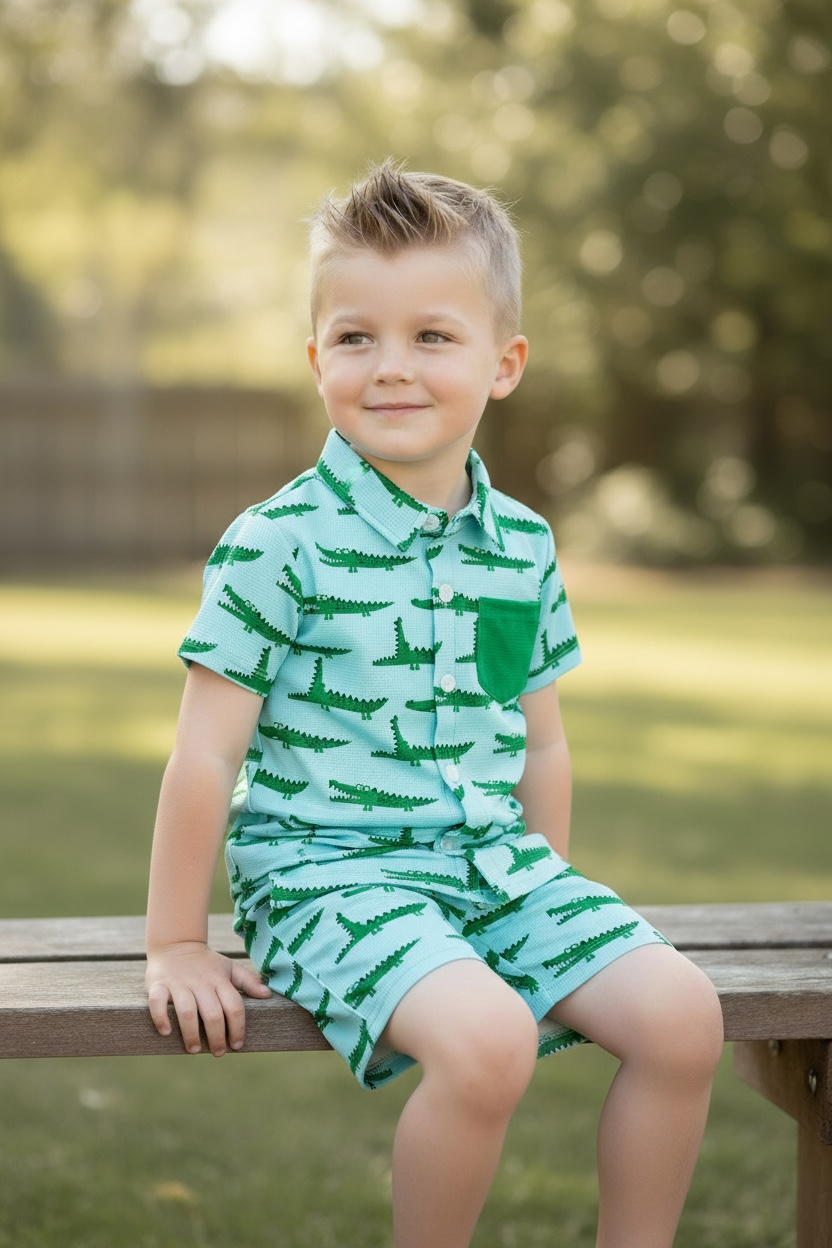 Cute crocodile printed on blue button up shirt and matching shorts.