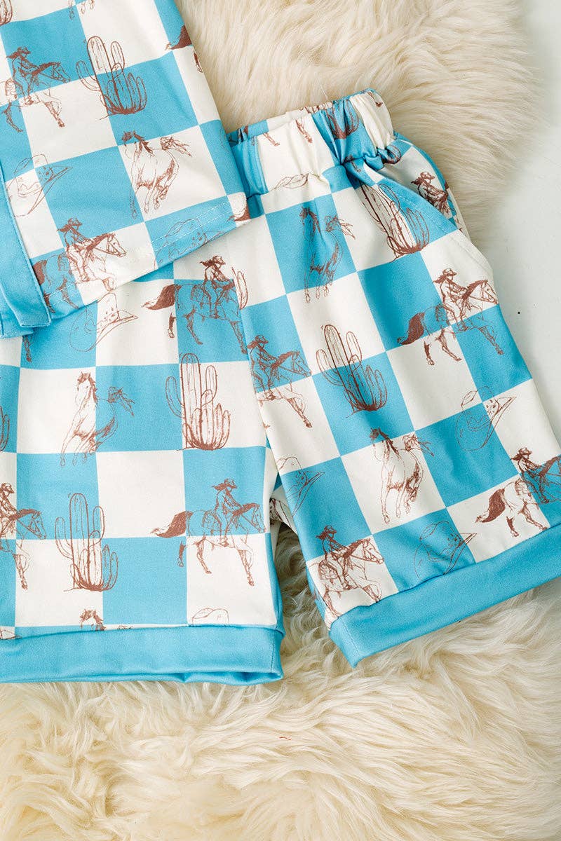 Blue & white checkered western printed boys two piece set.