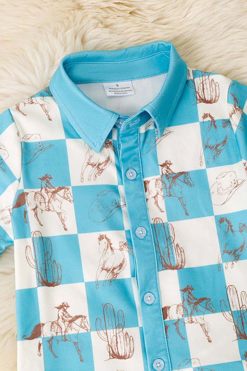 Blue & white checkered western printed boys two piece set.