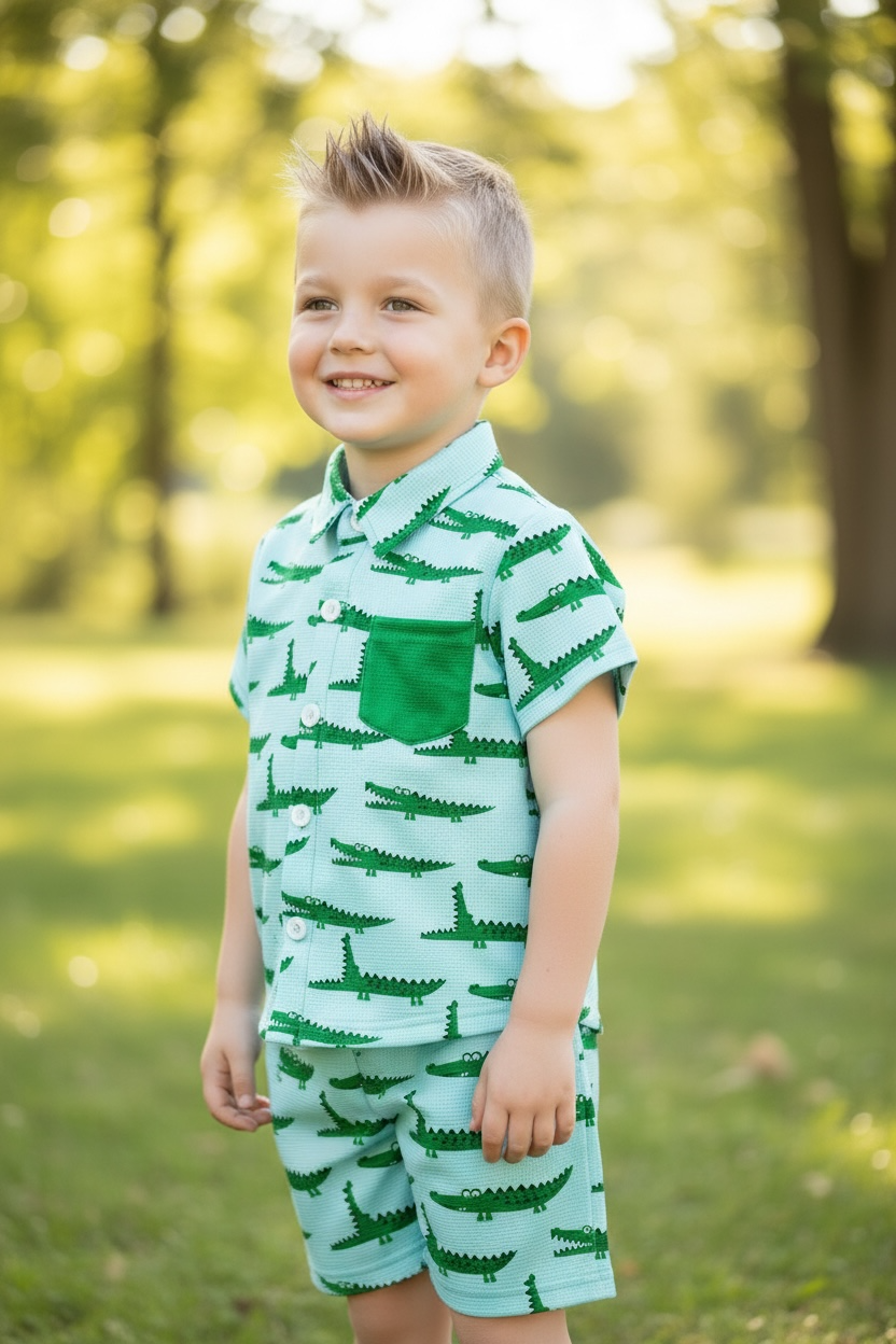 Cute crocodile printed on blue button up shirt and matching shorts.