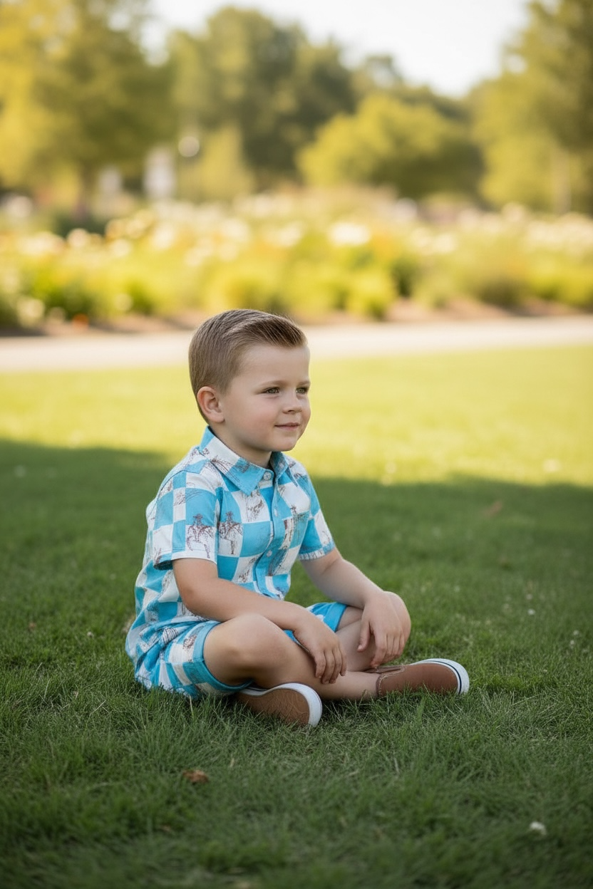 Blue & white checkered western printed boys two piece set.