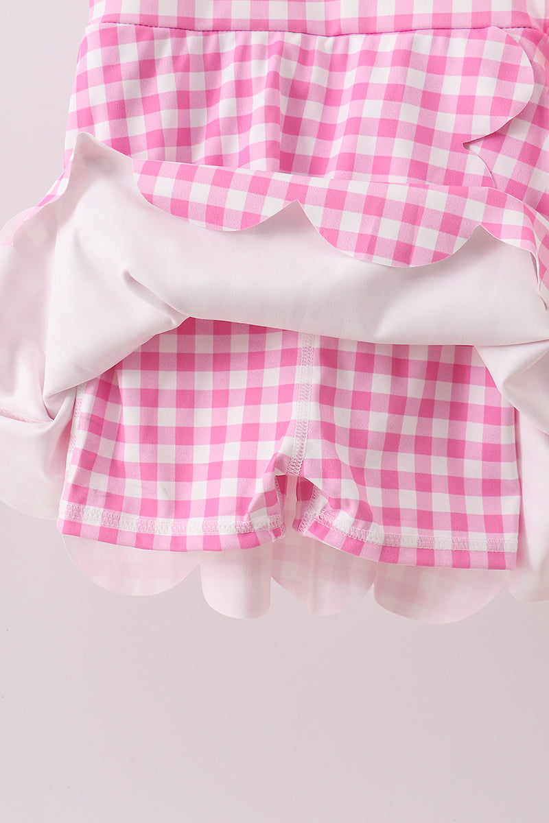 Pink Performance Gingham Bow Scalloped Dress