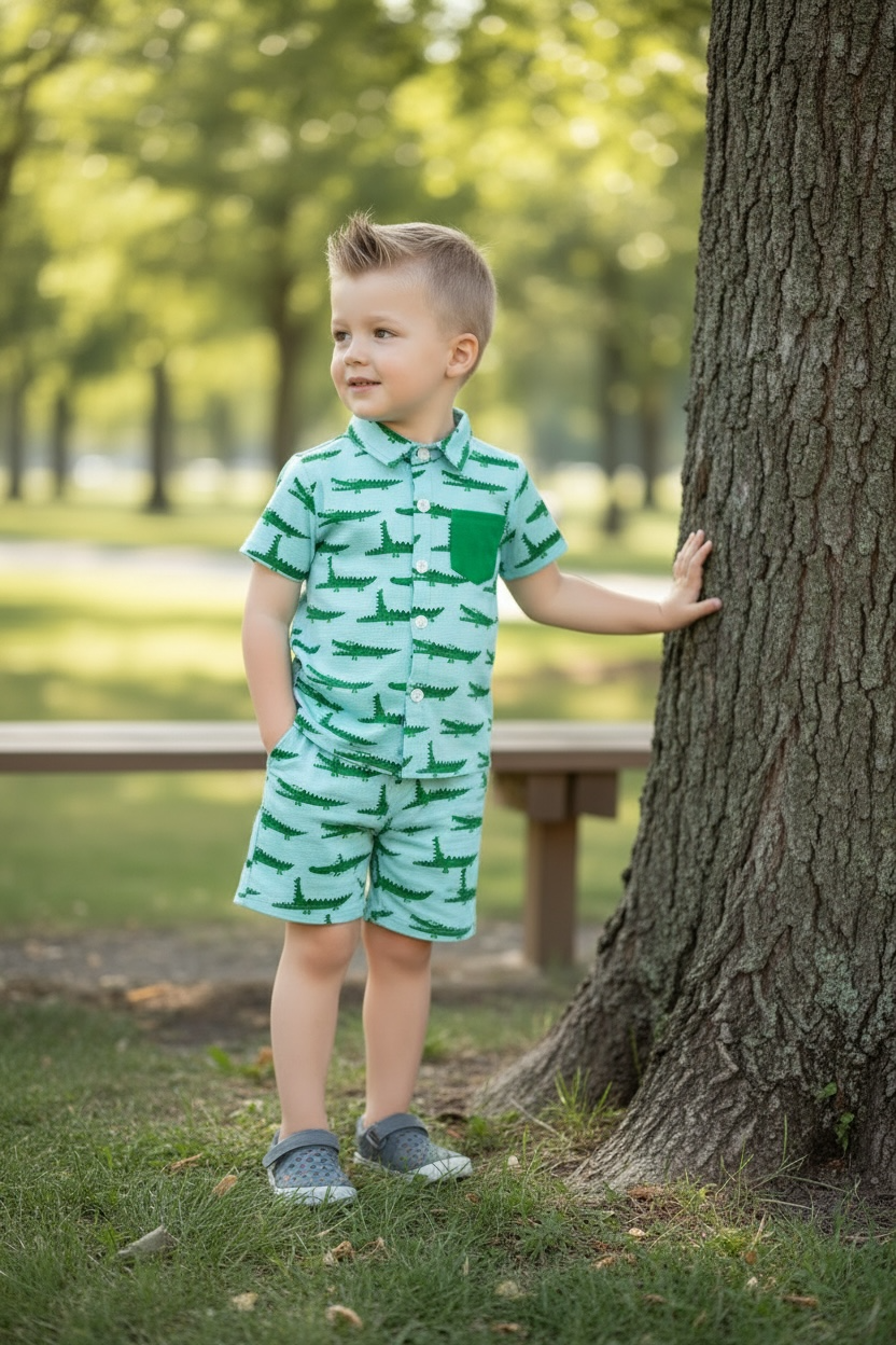 Cute crocodile printed on blue button up shirt and matching shorts.