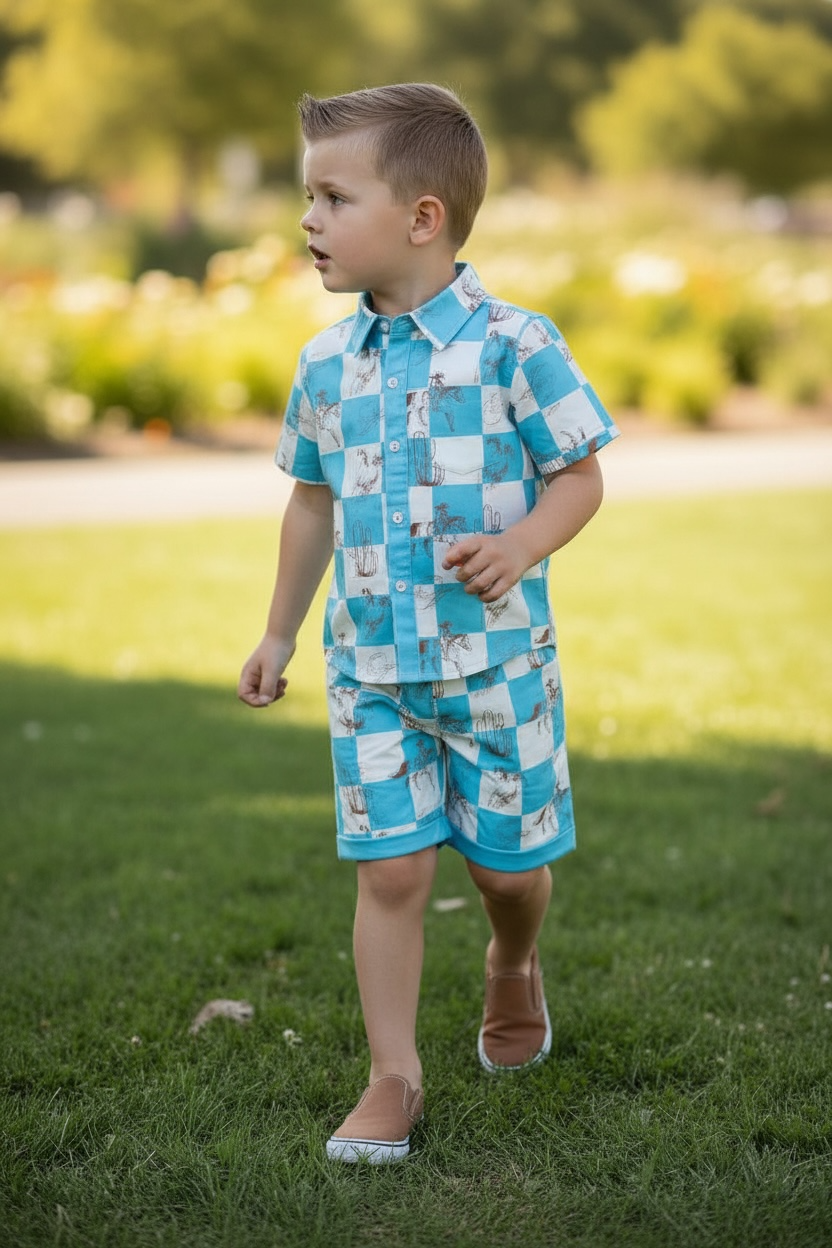 Blue & white checkered western printed boys two piece set.