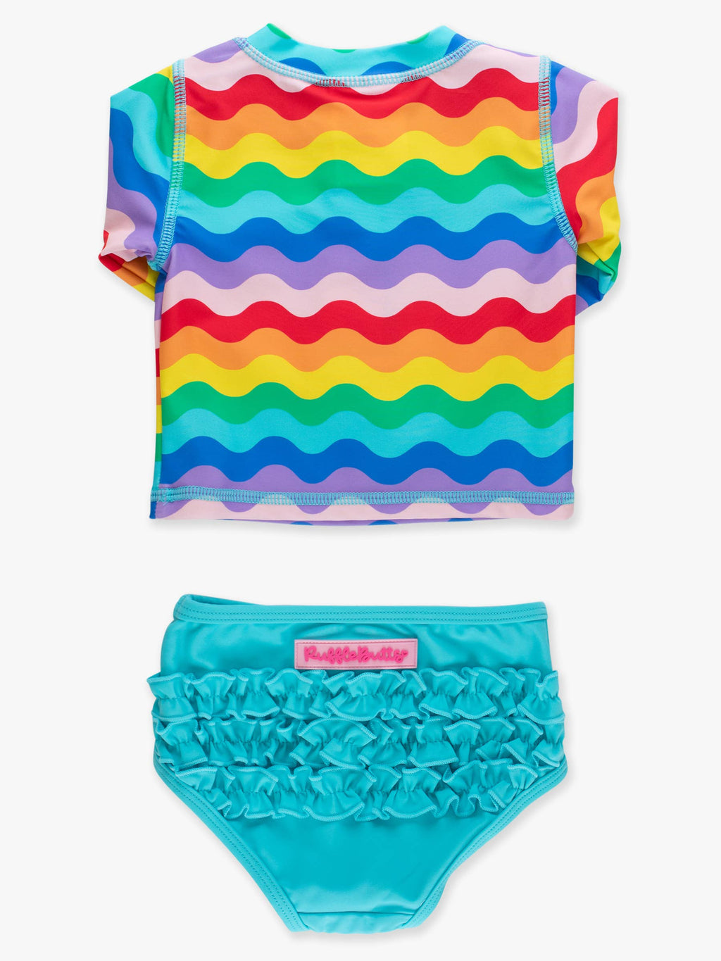 Girls Rainbow Wavy Stripe Long Sleeve Zipper Rash Guard 2-Piece Swimsuit with Signature Rear Ruffles
