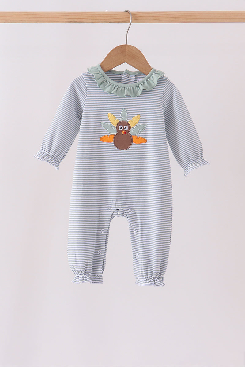 Sage turkey embroidery ruffle stripe romper