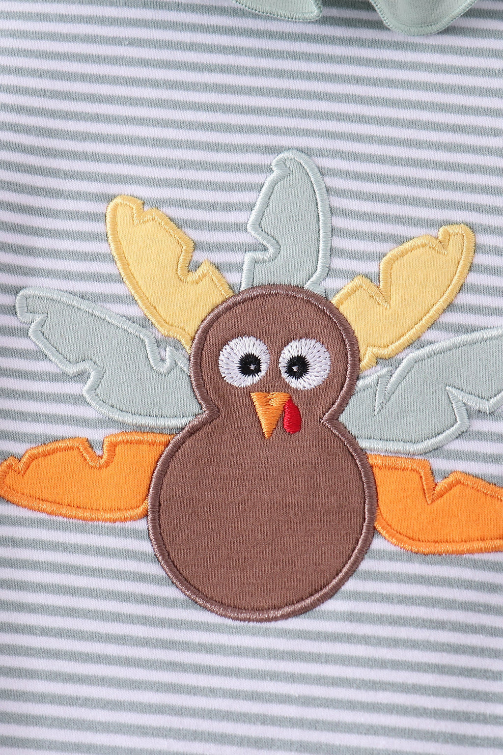 Sage turkey embroidery ruffle stripe romper