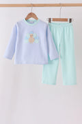 Blue turkey embroidery stripe pants set