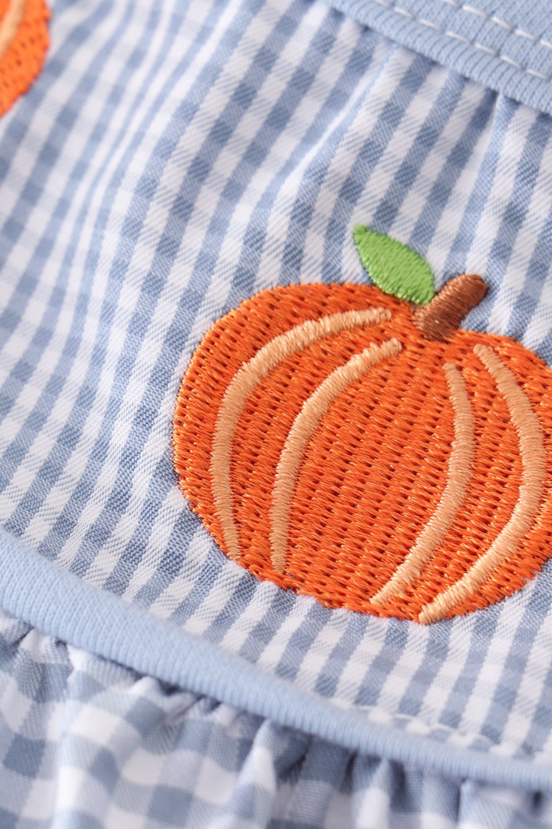 Blue woven check pumpkin embroidery girl set