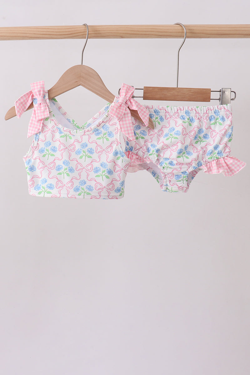 Pink hydrangea bow print 2pc swimsuit