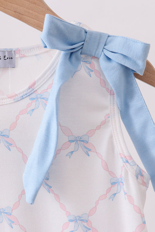 Blue bow ribbon print dress