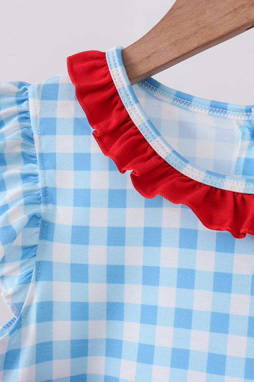 Blue Apple Appliqué Gingham Ruffle Set