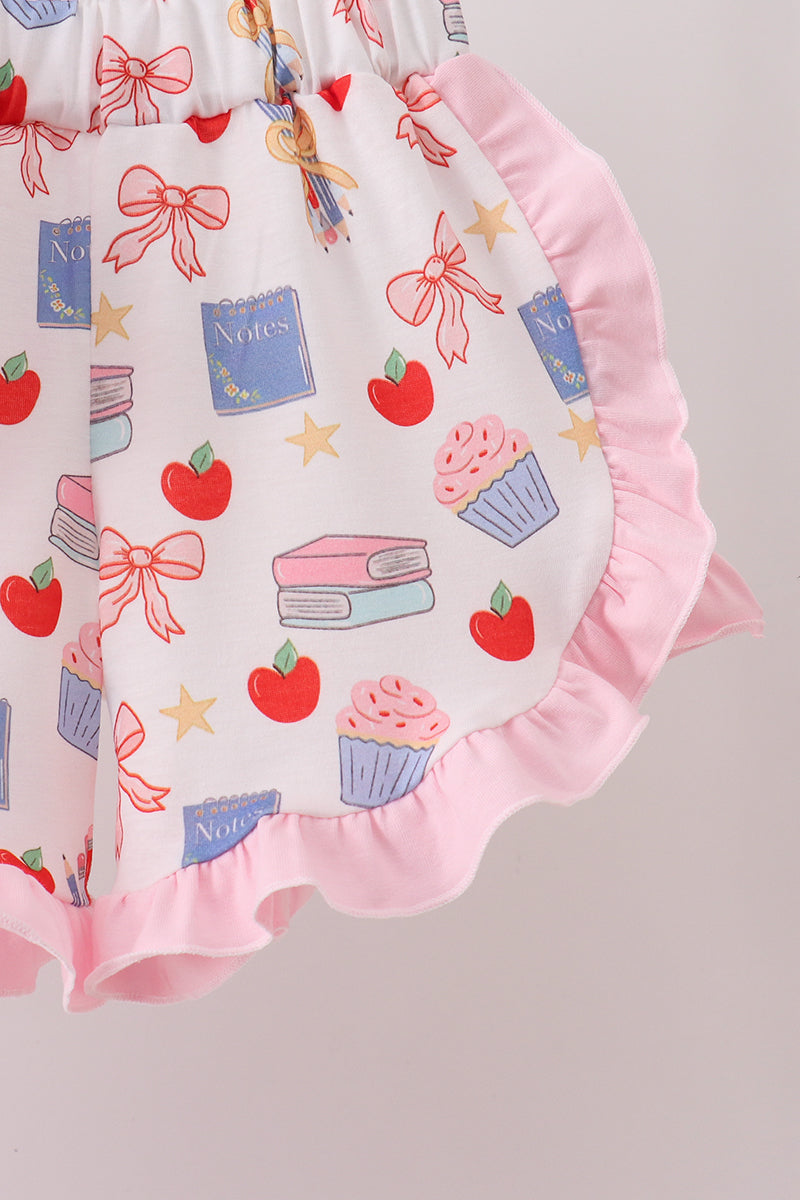 Pink Apple Embroidered Ruffle Set