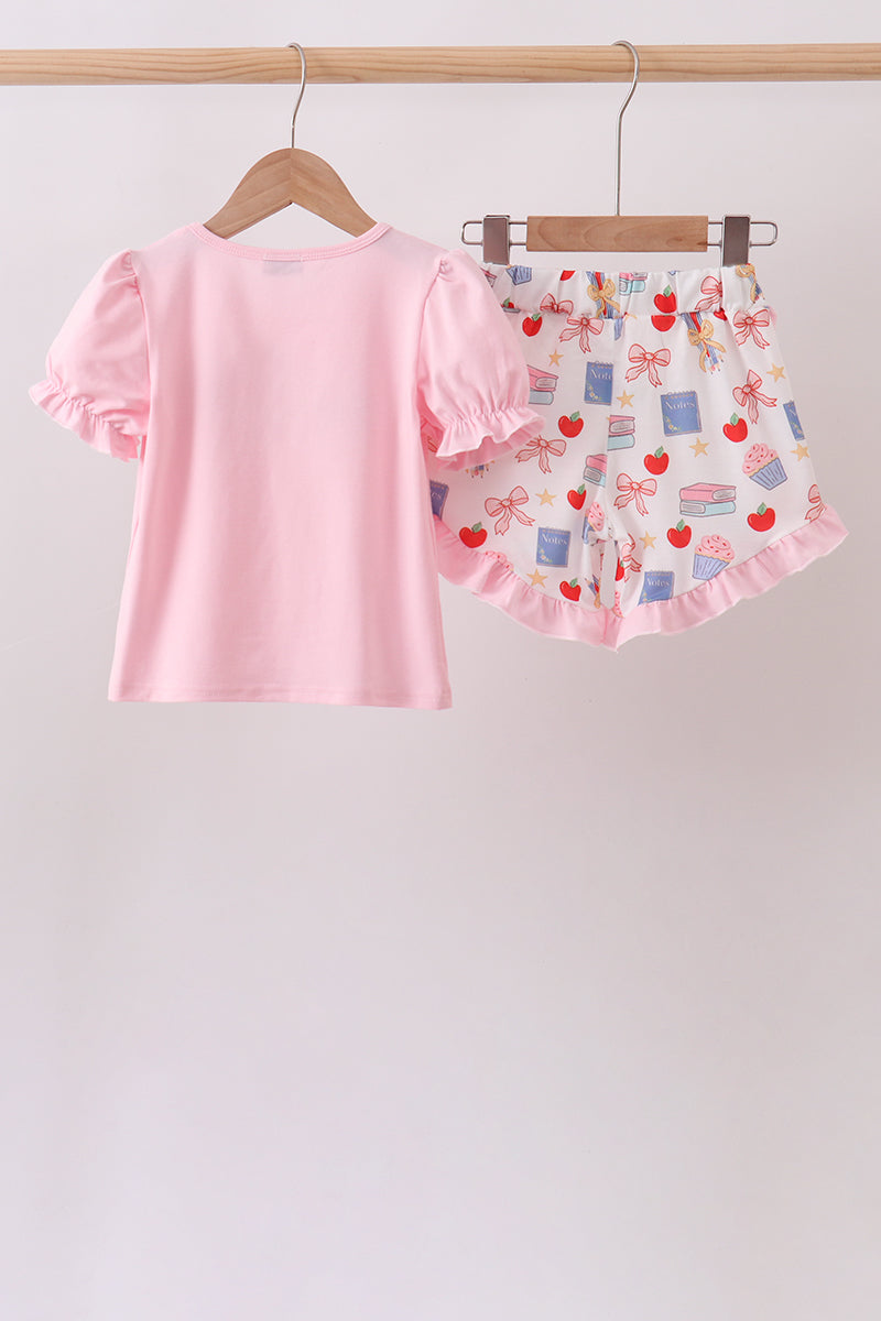 Pink Apple Embroidered Ruffle Set