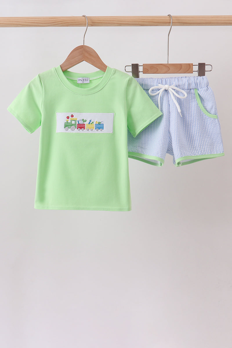 Green Train Embroidered Seersucker Set