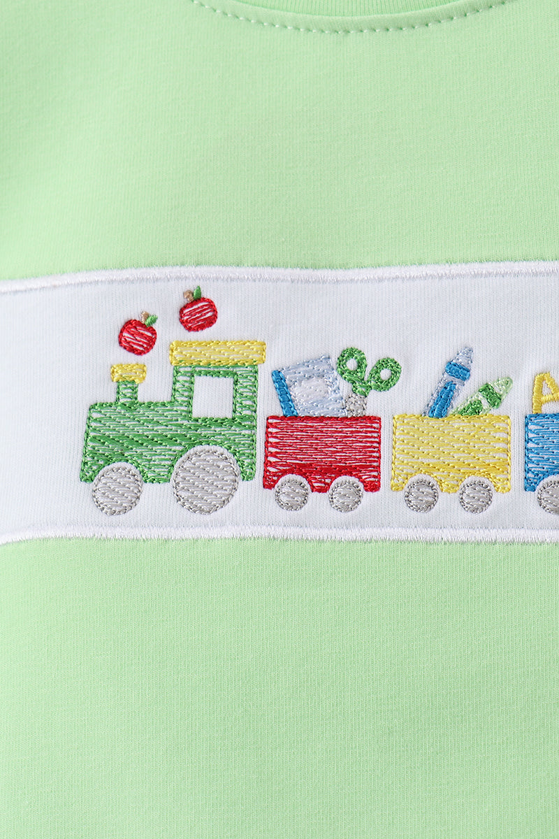 Green Train Embroidered Seersucker Set